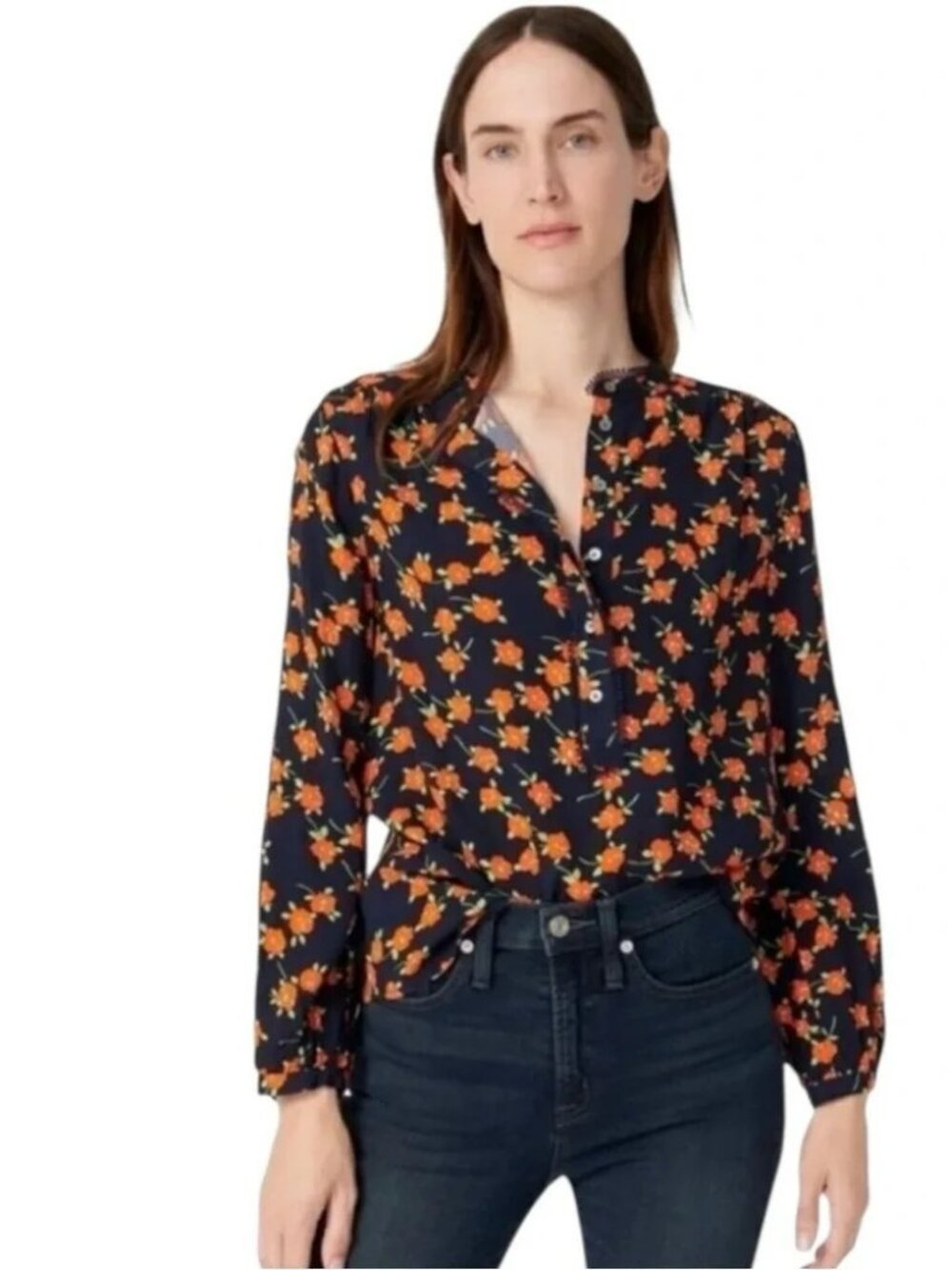 J.Crew Re-Imagined Navy Floral Viscose Blouse Long Sleeve Boho Top Size S